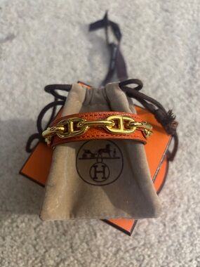 Hermes Orange Leather Bracelet with Gold Chainlink Accent